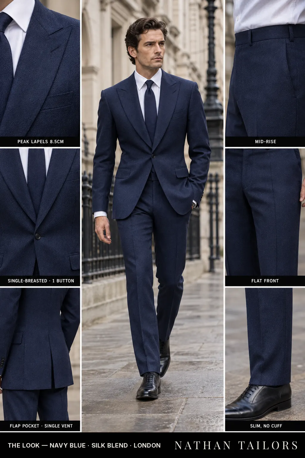 navy blue herringbone single-breasted peak-lapel bespoke suit — AI-rendered by Nathan Tailors, the Hoi An custom tailor. Available as a custom tailored suit from $149.