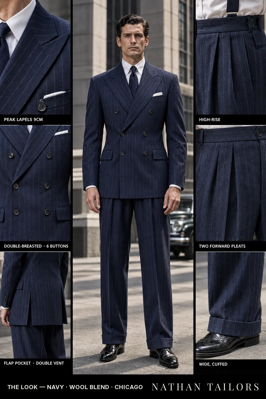navy chalk stripe double-breasted bespoke suit — custom tailored by Nathan Tailors, the Hoi An custom tailor