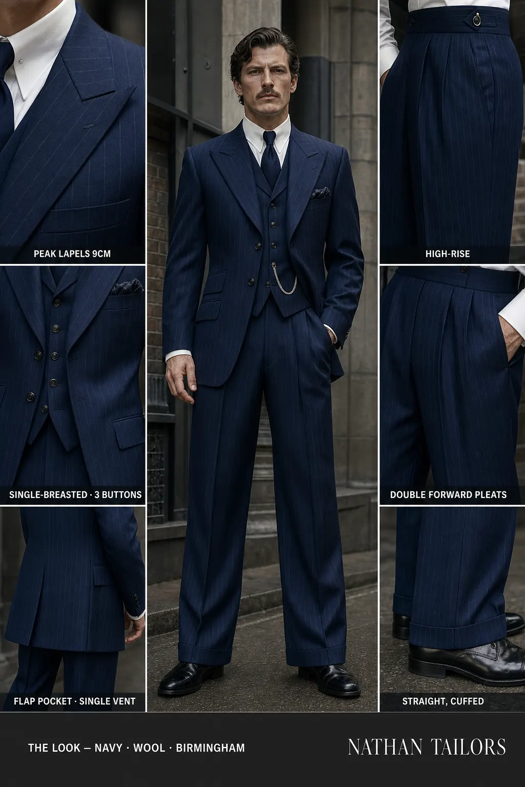 navy chalk stripe single-breasted peak-lapel bespoke suit — AI-rendered by Nathan Tailors, the Hoi An custom tailor. Available as a custom tailored suit from $149.