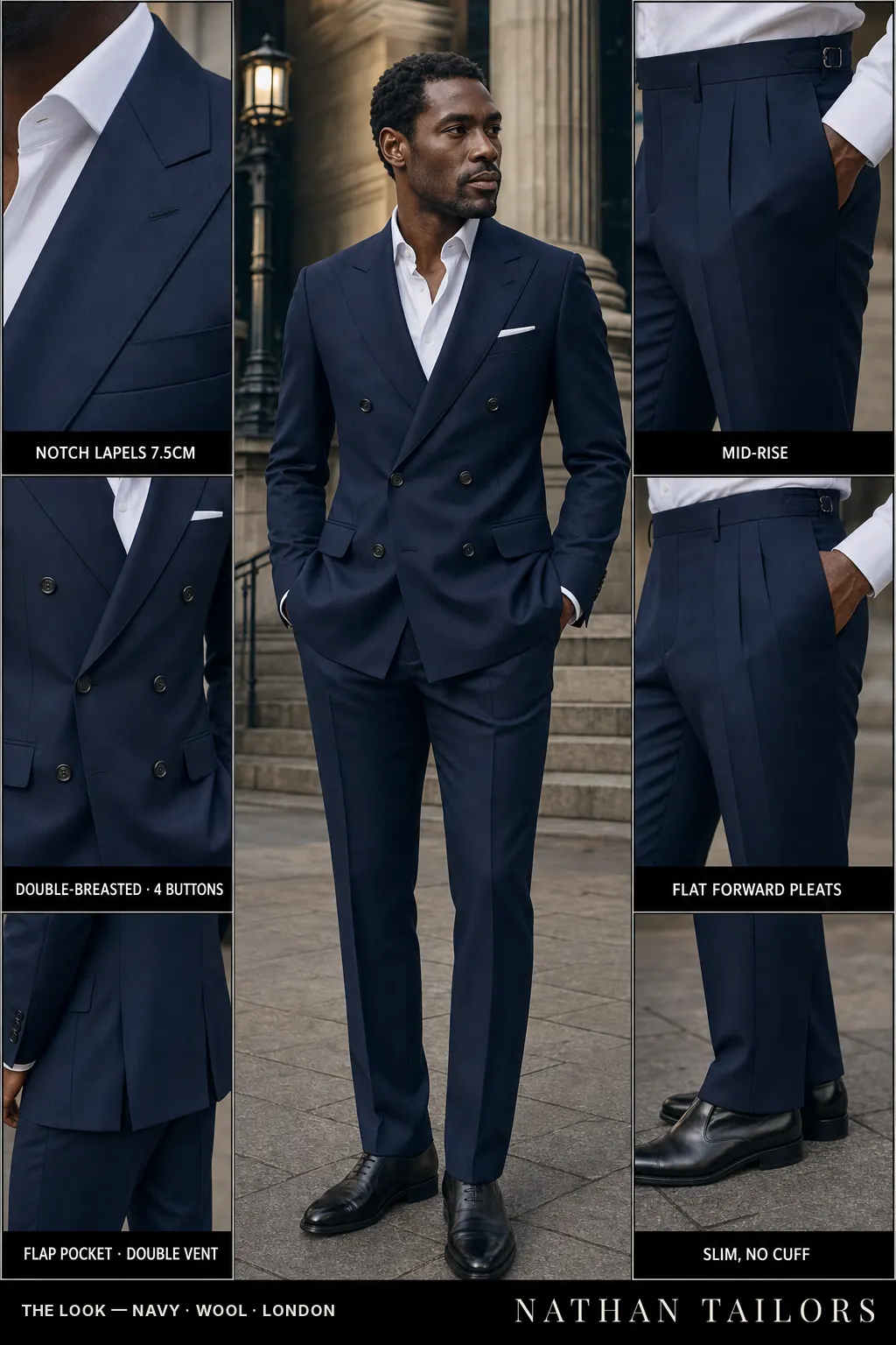 navy double-breasted notch-lapel bespoke suit — AI-rendered by Nathan Tailors, the Hoi An custom tailor. Available as a custom tailored suit from $149.