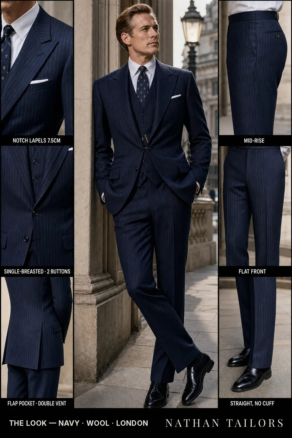 navy pinstripe single-breasted notch-lapel bespoke suit — AI-rendered by Nathan Tailors, the Hoi An custom tailor. Available as a custom tailored suit from $149.