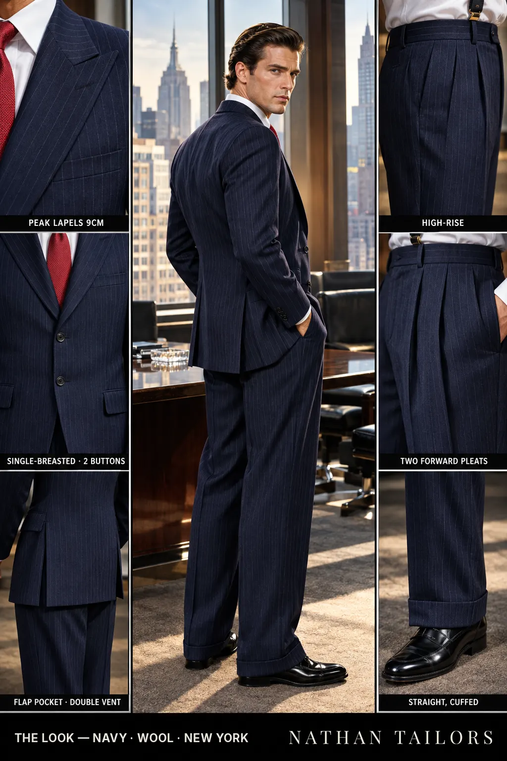 navy pinstripe single-breasted bespoke suit โ custom tailored by Nathan Tailors, the Hoi An custom tailor