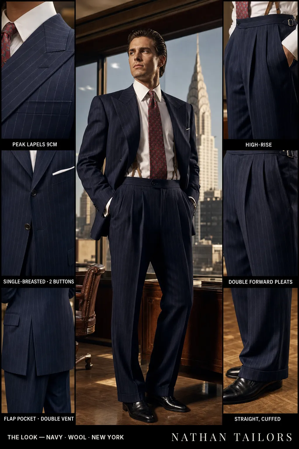 navy pinstripe single-breasted peak-lapel bespoke suit โ AI-rendered by Nathan Tailors, the Hoi An custom tailor. Available as a custom tailored suit from $149.