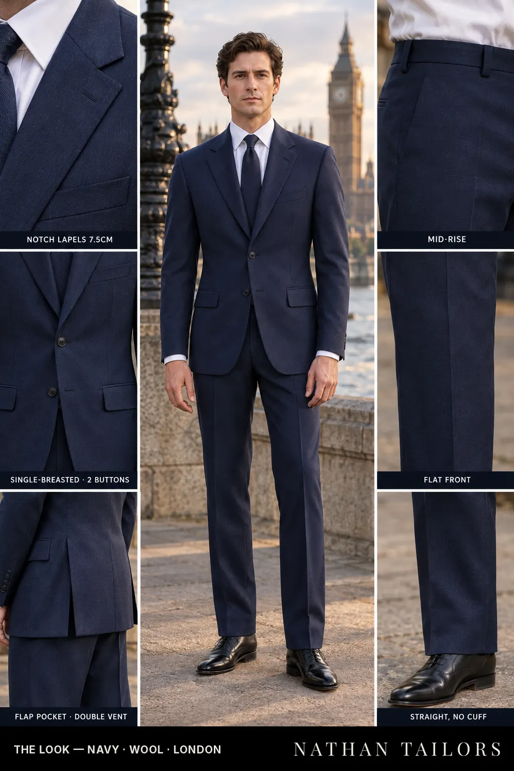 navy single-breasted bespoke suit — custom tailored by Nathan Tailors, the Hoi An custom tailor
