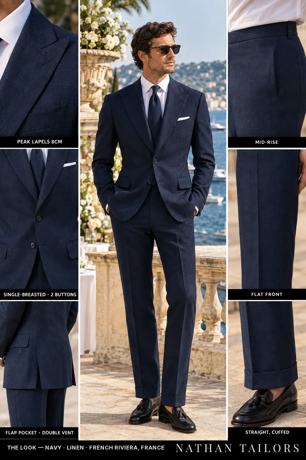 navy single-breasted peak-lapel bespoke suit โ AI-rendered by Nathan Tailors, the Hoi An custom tailor. Available as a custom tailored suit from $149.