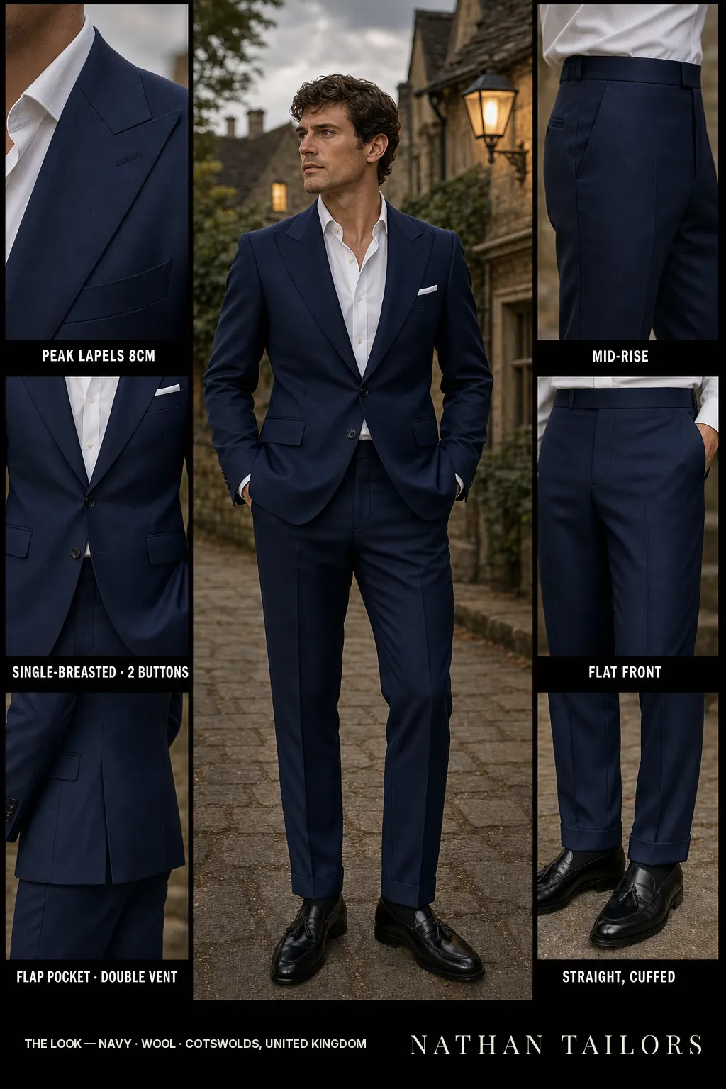 navy single-breasted peak-lapel bespoke suit — AI-rendered by Nathan Tailors, the Hoi An custom tailor. Available as a custom tailored suit from $149.