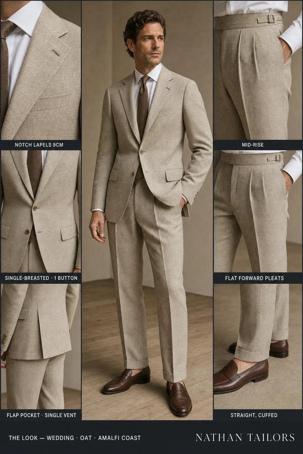 oat glen plaid single-breasted notch-lapel bespoke suit โ AI-rendered by Nathan Tailors, the Hoi An custom tailor. Available as a custom tailored suit from $149.