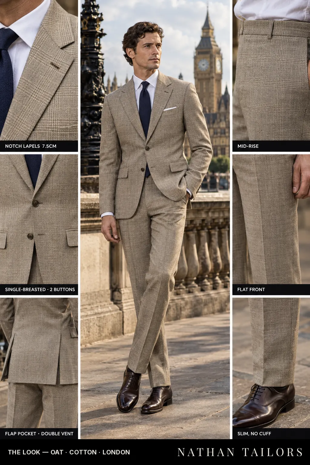 oat glen plaid single-breasted notch-lapel bespoke suit — AI-rendered by Nathan Tailors, the Hoi An custom tailor. Available as a custom tailored suit from $149.