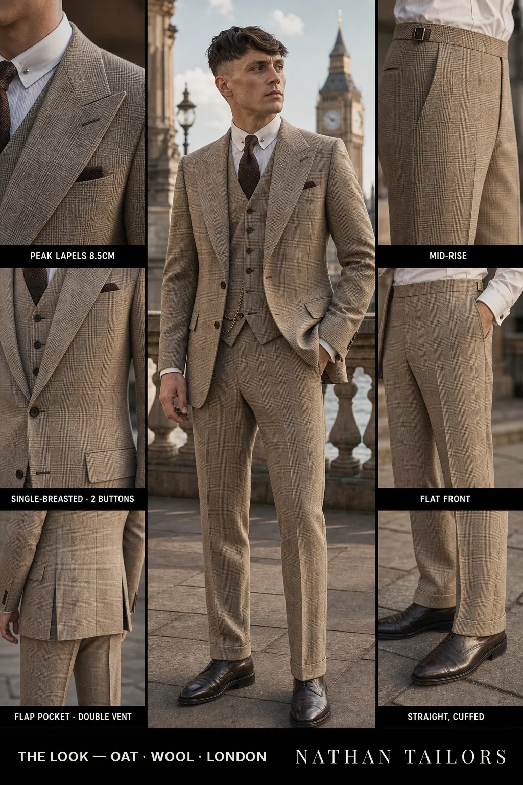 oat glen plaid single-breasted peak-lapel bespoke suit — AI-rendered by Nathan Tailors, the Hoi An custom tailor. Available as a custom tailored suit from $149.