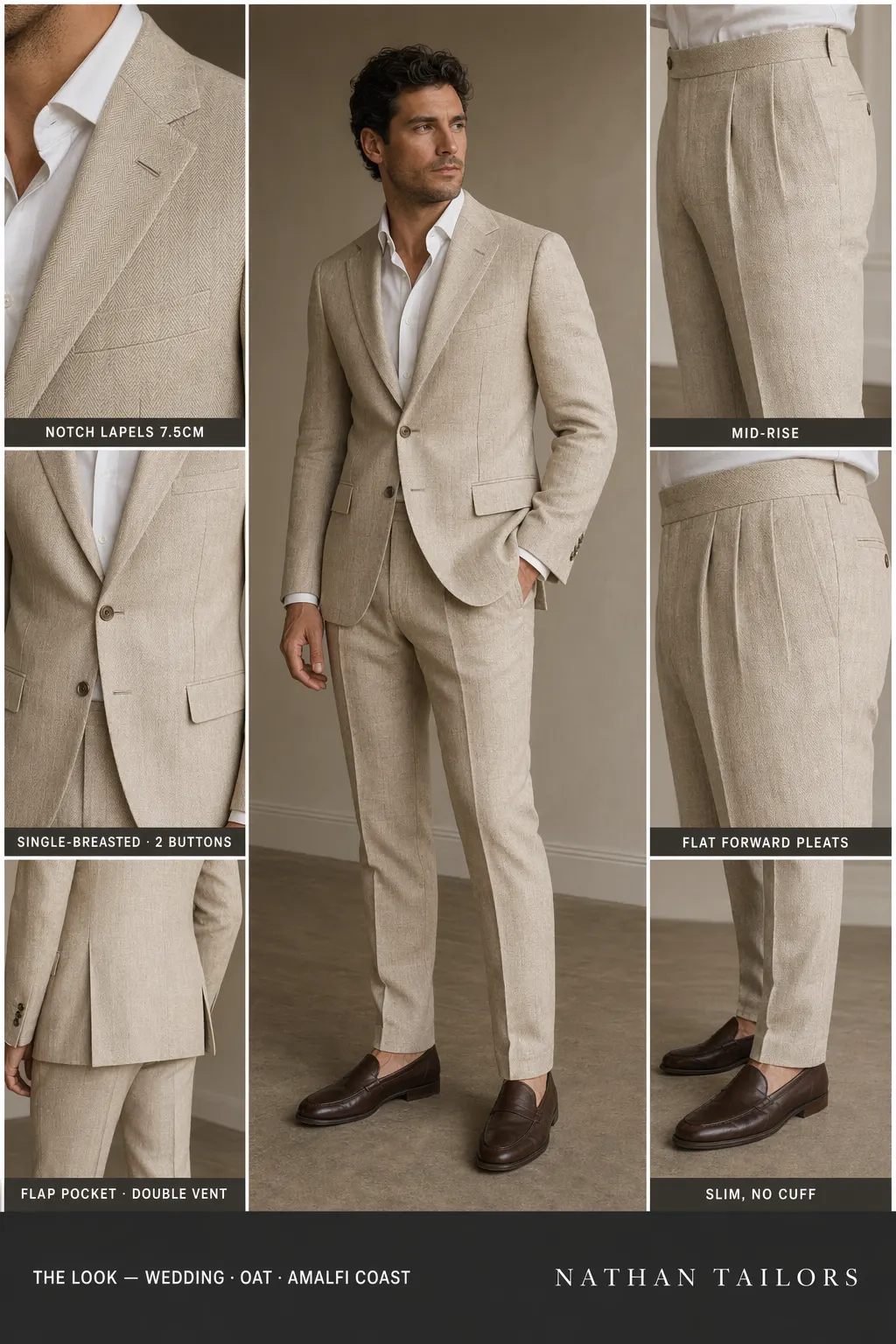 oat herringbone single-breasted notch-lapel bespoke suit — AI-rendered by Nathan Tailors, the Hoi An custom tailor. Available as a custom tailored suit from $149.
