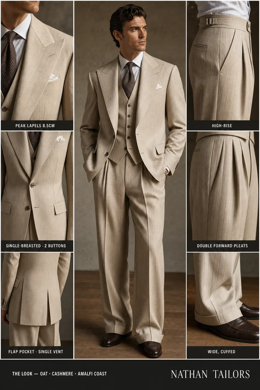 oat pinstripe single-breasted peak-lapel bespoke suit โ AI-rendered by Nathan Tailors, the Hoi An custom tailor. Available as a custom tailored suit from $149.