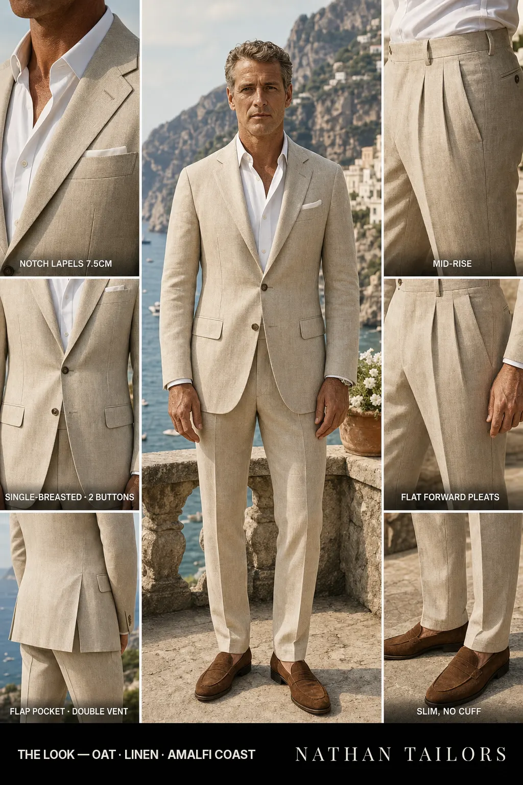 oat single-breasted notch-lapel bespoke suit — AI-rendered by Nathan Tailors, the Hoi An custom tailor. Available as a custom tailored suit from $149.