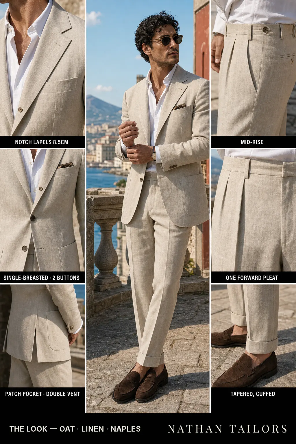 oat single-breasted notch-lapel bespoke suit — AI-rendered by Nathan Tailors, the Hoi An custom tailor. Available as a custom tailored suit from $149.