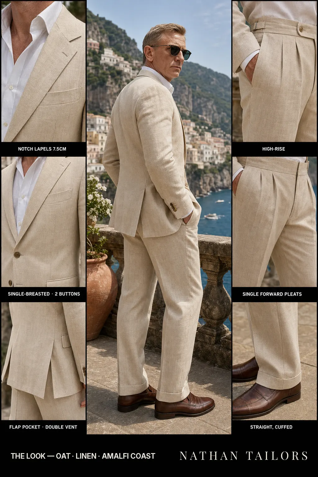 oat single-breasted notch-lapel bespoke suit โ AI-rendered by Nathan Tailors, the Hoi An custom tailor. Available as a custom tailored suit from $149.