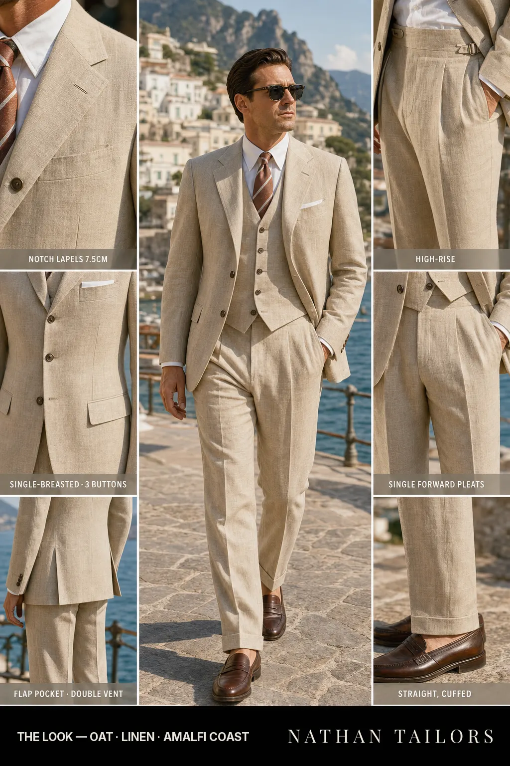 oat single-breasted notch-lapel bespoke suit — AI-rendered by Nathan Tailors, the Hoi An custom tailor. Available as a custom tailored suit from $149.