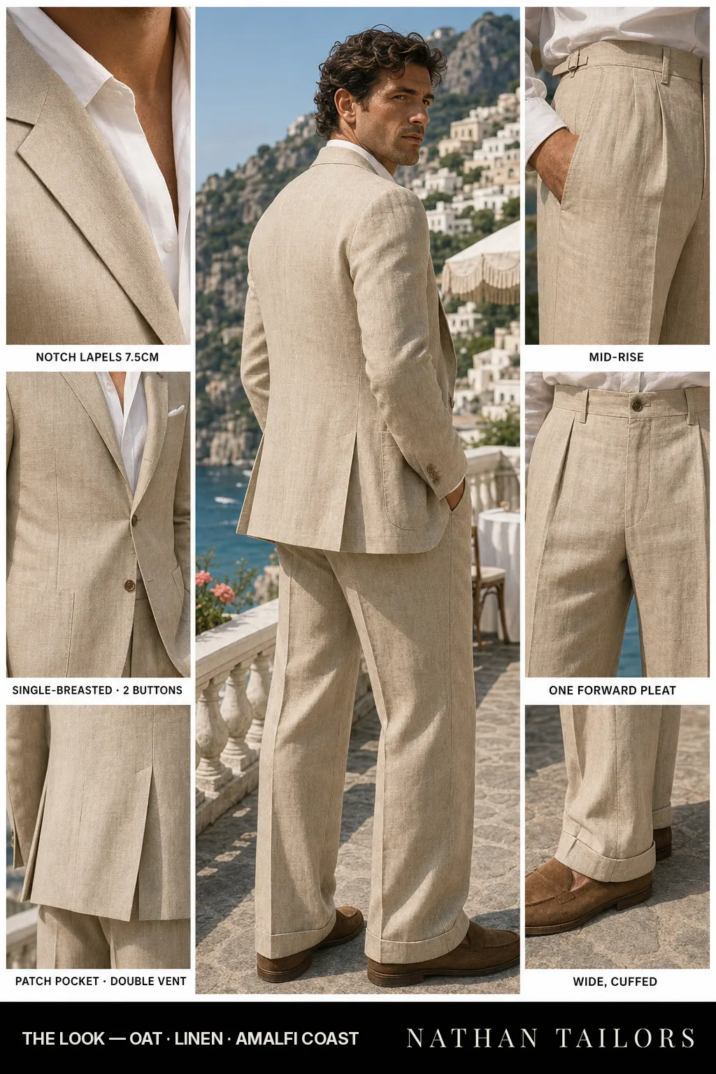 oat single-breasted notch-lapel bespoke suit — AI-rendered by Nathan Tailors, the Hoi An custom tailor. Available as a custom tailored suit from $149.