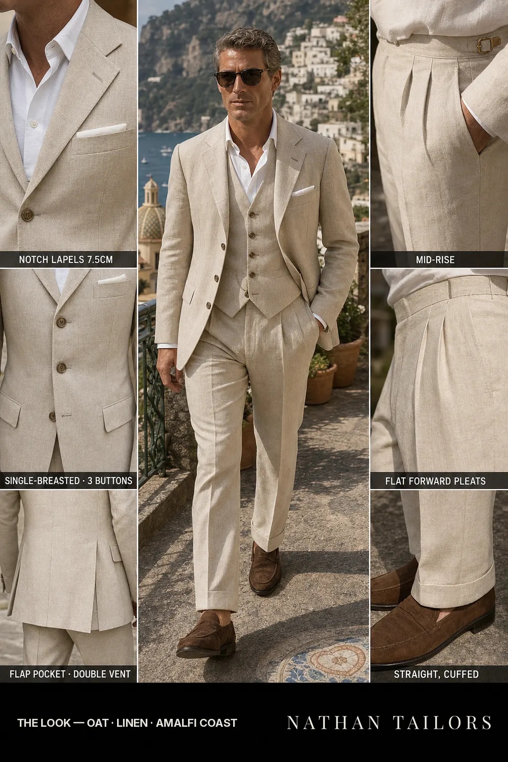 oat single-breasted notch-lapel bespoke suit — AI-rendered by Nathan Tailors, the Hoi An custom tailor. Available as a custom tailored suit from $149.
