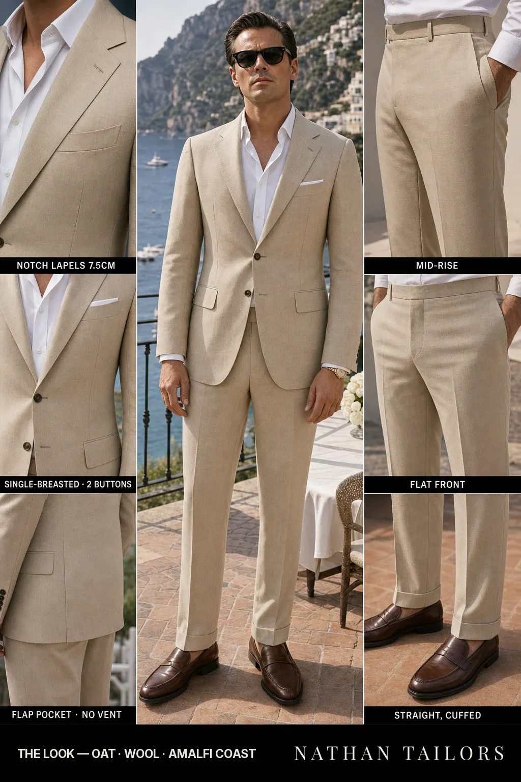 oat single-breasted notch-lapel bespoke suit — AI-rendered by Nathan Tailors, the Hoi An custom tailor. Available as a custom tailored suit from $149.