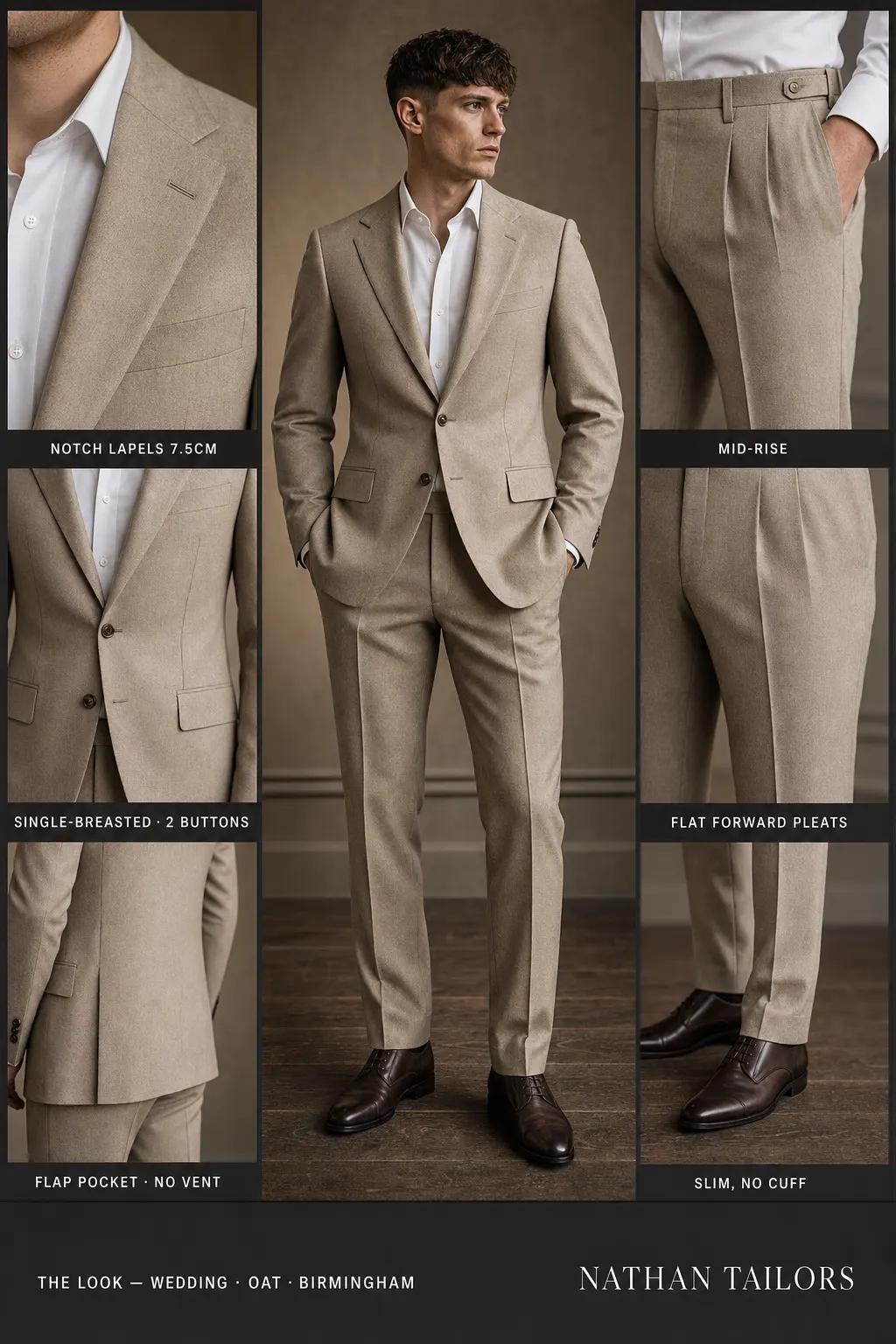 oat single-breasted notch-lapel bespoke suit โ AI-rendered by Nathan Tailors, the Hoi An custom tailor. Available as a custom tailored suit from $149.