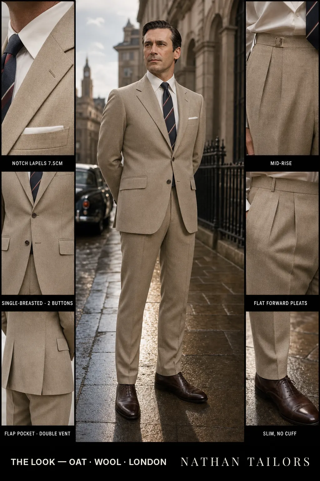 oat single-breasted notch-lapel bespoke suit โ AI-rendered by Nathan Tailors, the Hoi An custom tailor. Available as a custom tailored suit from $149.