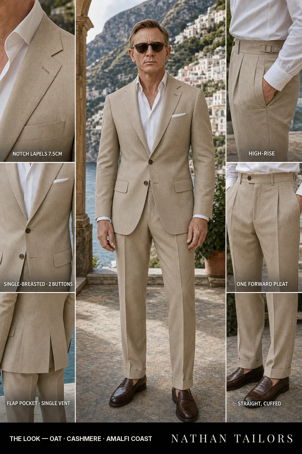oat single-breasted notch-lapel bespoke suit โ AI-rendered by Nathan Tailors, the Hoi An custom tailor. Available as a custom tailored suit from $149.
