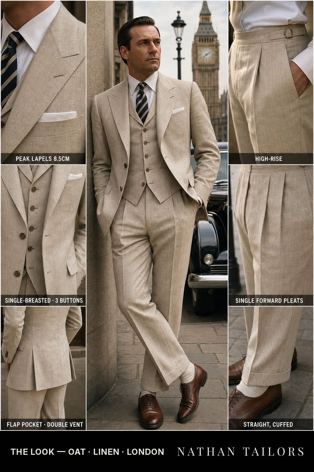 oat single-breasted peak-lapel bespoke suit — AI-rendered by Nathan Tailors, the Hoi An custom tailor. Available as a custom tailored suit from $149.