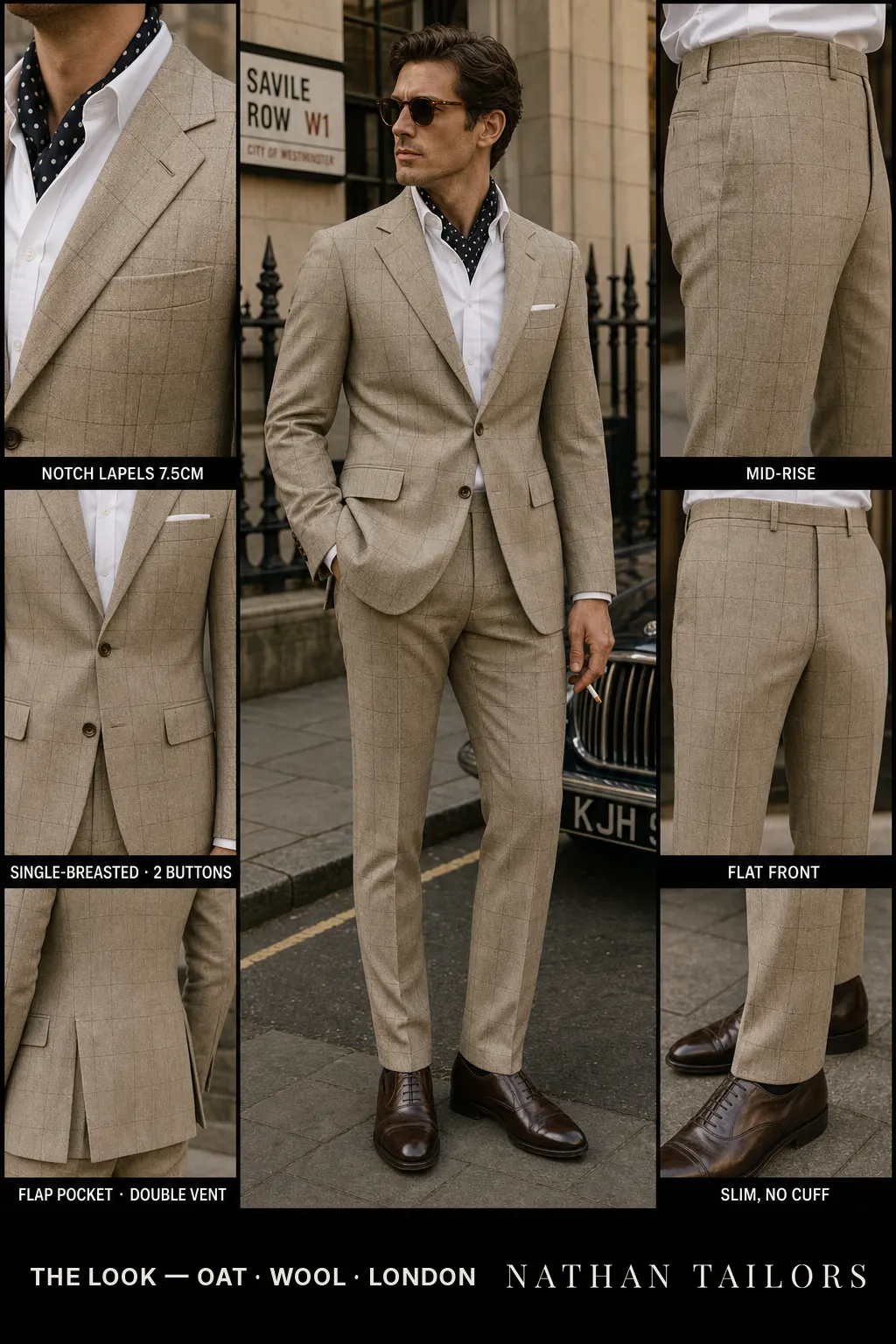 oat windowpane single-breasted notch-lapel bespoke suit — AI-rendered by Nathan Tailors, the Hoi An custom tailor. Available as a custom tailored suit from $149.