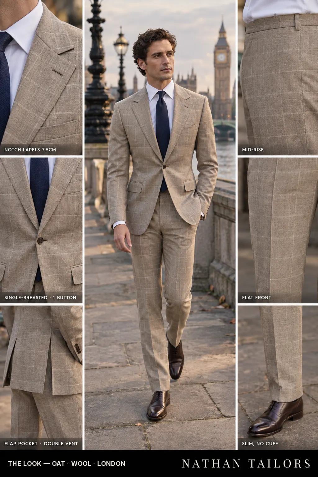oat windowpane single-breasted bespoke suit โ custom tailored by Nathan Tailors, the Hoi An custom tailor