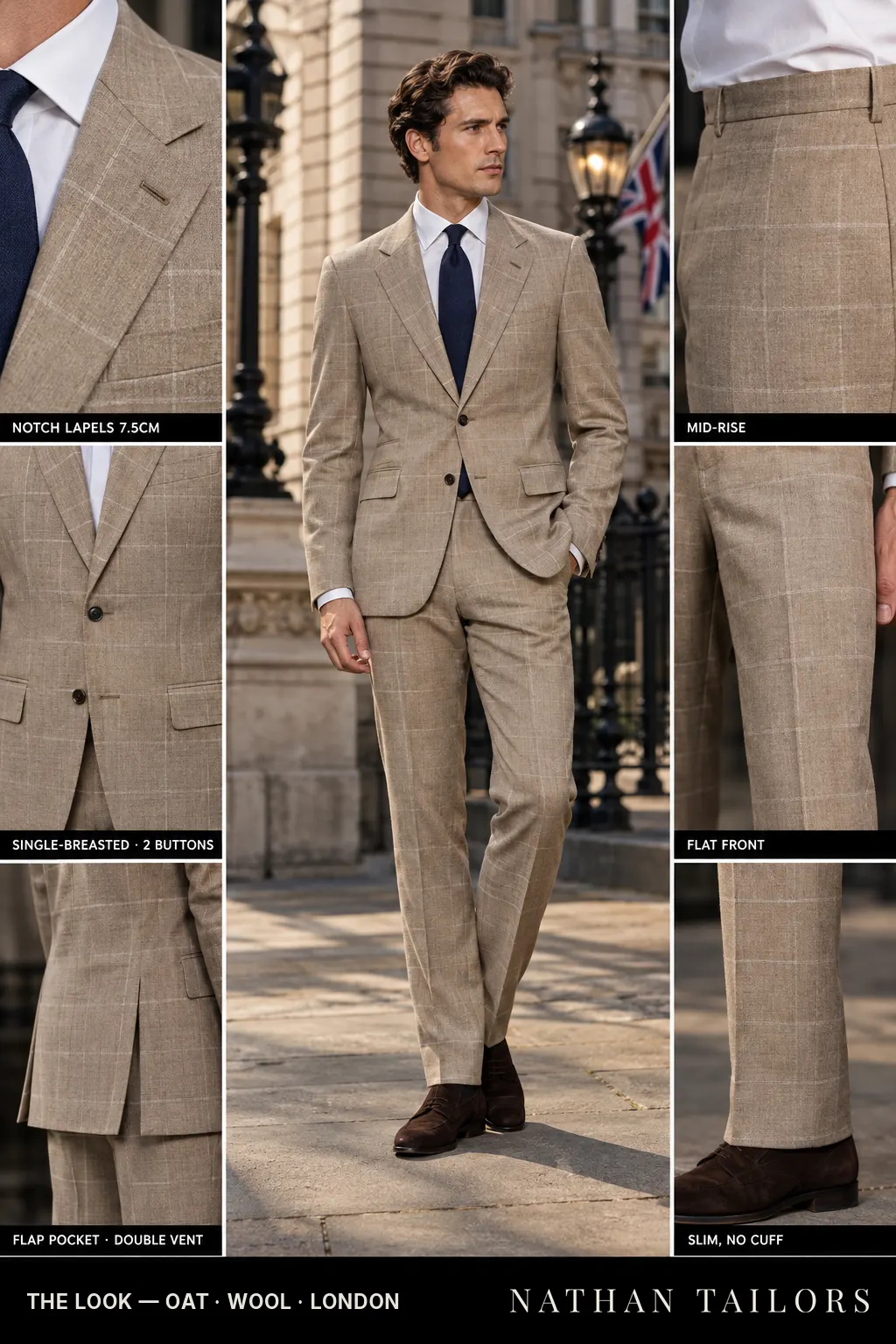 oat windowpane single-breasted notch-lapel bespoke suit — AI-rendered by Nathan Tailors, the Hoi An custom tailor. Available as a custom tailored suit from $149.