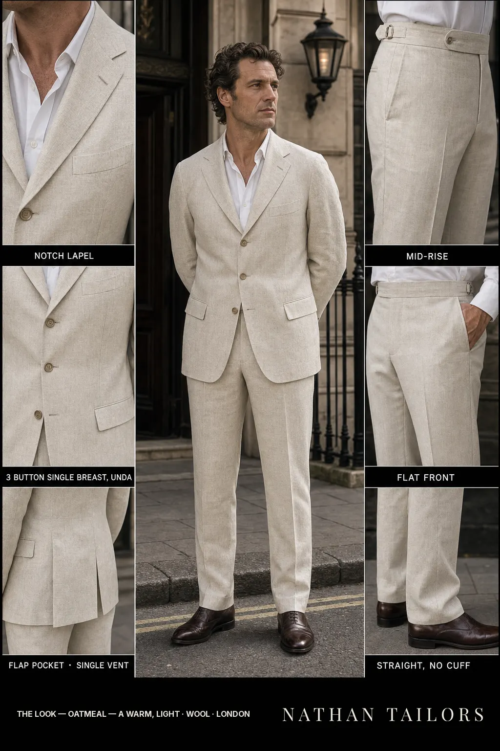 Oatmeal — a warm, light, single-breasted notch-lapel bespoke suit — AI-rendered by Nathan Tailors, the Hoi An custom tailor. Available as a custom tailored suit from $149.