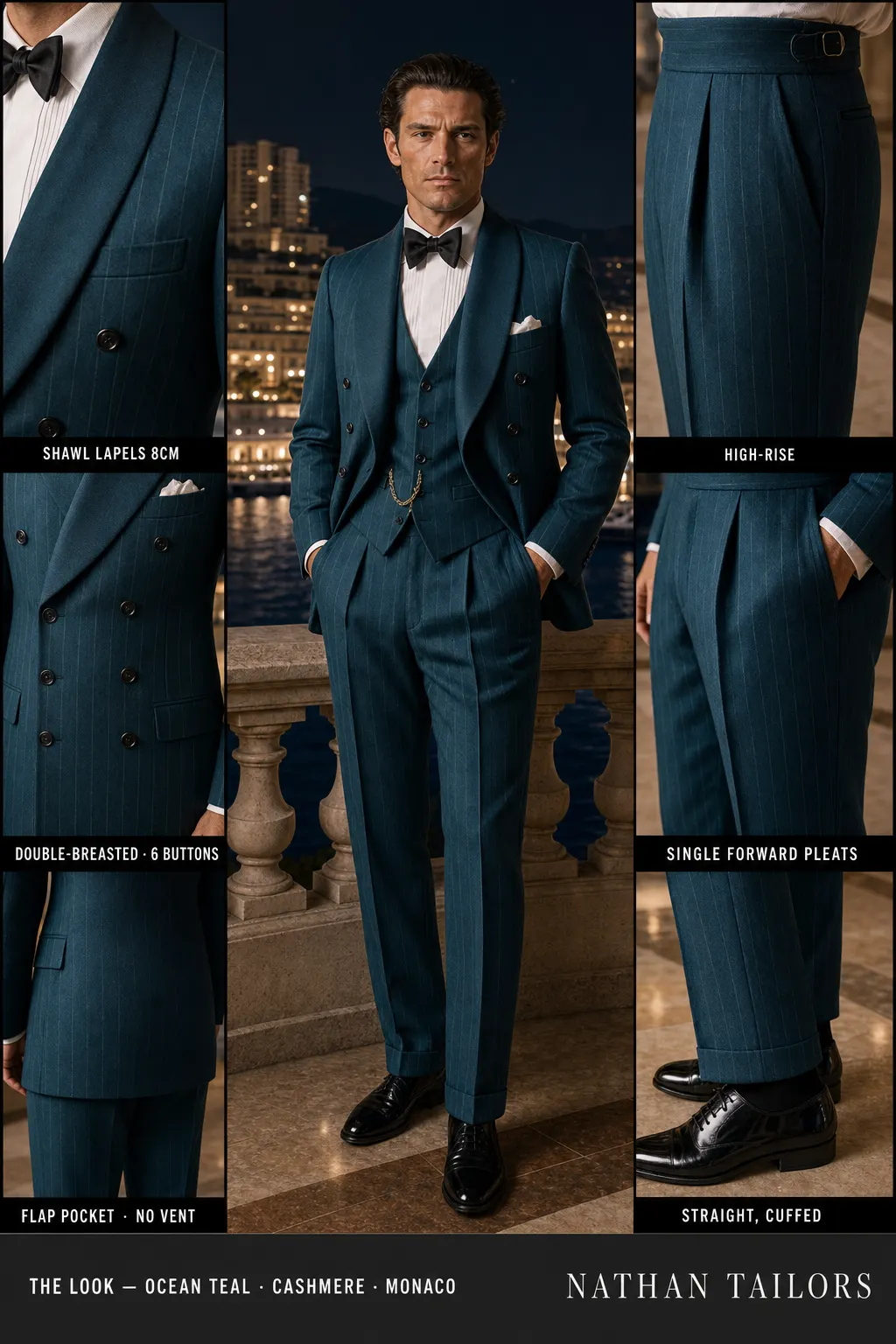 ocean teal chalk stripe double-breasted shawl-lapel bespoke suit — AI-rendered by Nathan Tailors, the Hoi An custom tailor. Available as a custom tailored suit from $169.