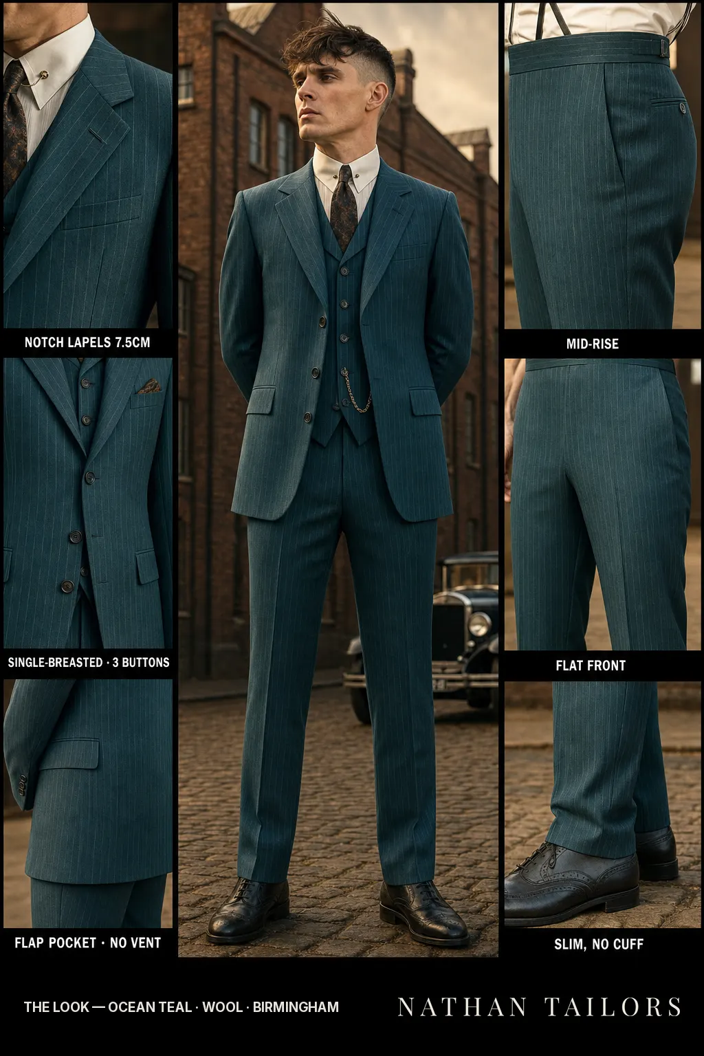 ocean teal chalk stripe single-breasted notch-lapel bespoke suit — AI-rendered by Nathan Tailors, the Hoi An custom tailor. Available as a custom tailored suit from $149.
