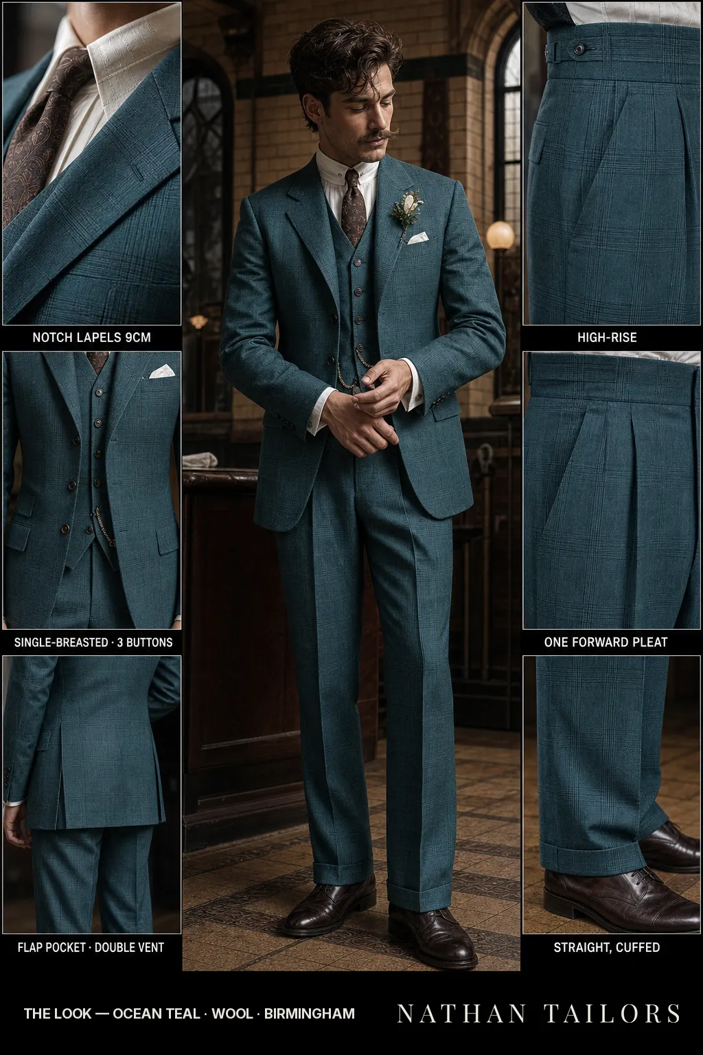 ocean teal glen plaid single-breasted notch-lapel bespoke suit — AI-rendered by Nathan Tailors, the Hoi An custom tailor. Available as a custom tailored suit from $149.