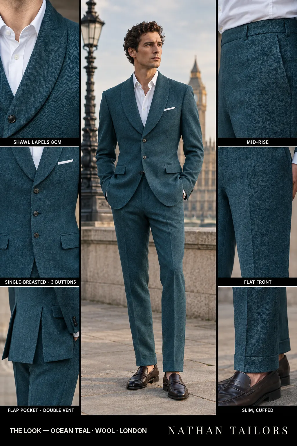 ocean teal herringbone single-breasted bespoke suit โ custom tailored by Nathan Tailors, the Hoi An custom tailor