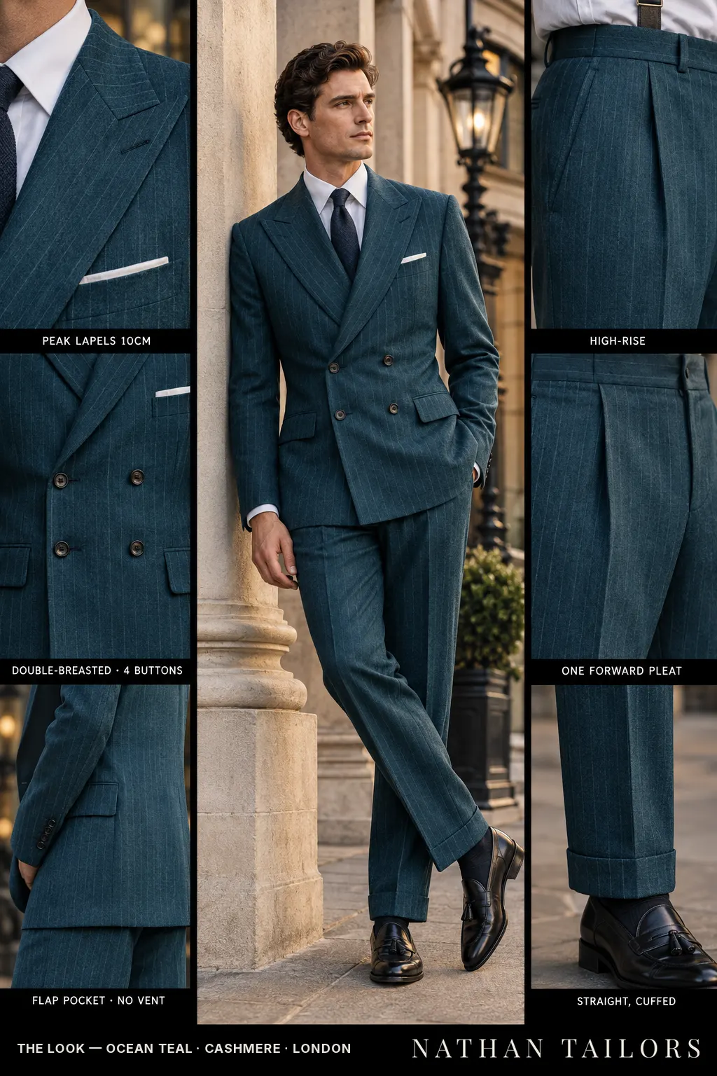 ocean teal pinstripe double-breasted bespoke suit — custom tailored by Nathan Tailors, the Hoi An custom tailor