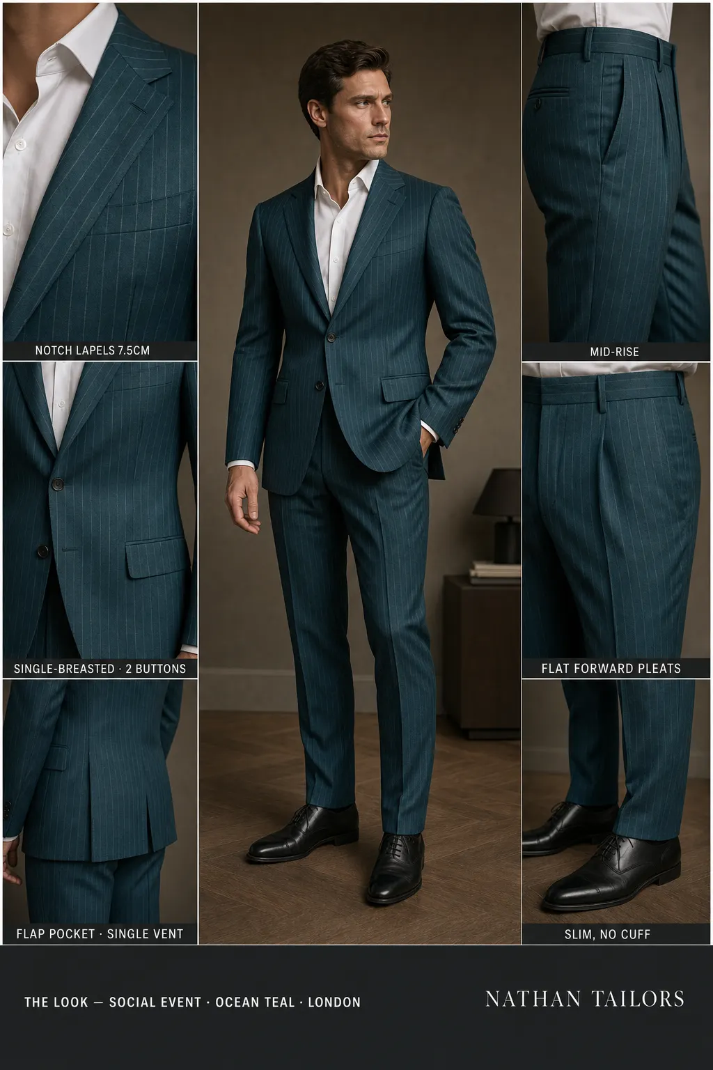 ocean teal pinstripe single-breasted notch-lapel bespoke suit โ AI-rendered by Nathan Tailors, the Hoi An custom tailor. Available as a custom tailored suit from $149.