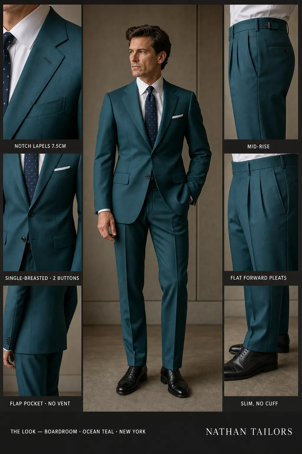 ocean teal single-breasted notch-lapel bespoke suit โ AI-rendered by Nathan Tailors, the Hoi An custom tailor. Available as a custom tailored suit from $149.