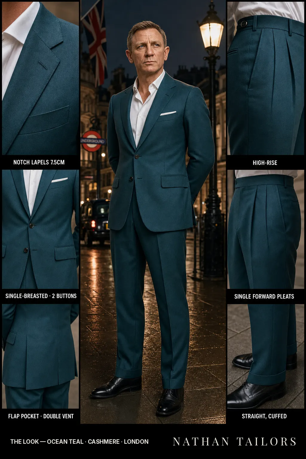 ocean teal single-breasted notch-lapel bespoke suit — AI-rendered by Nathan Tailors, the Hoi An custom tailor. Available as a custom tailored suit from $149.