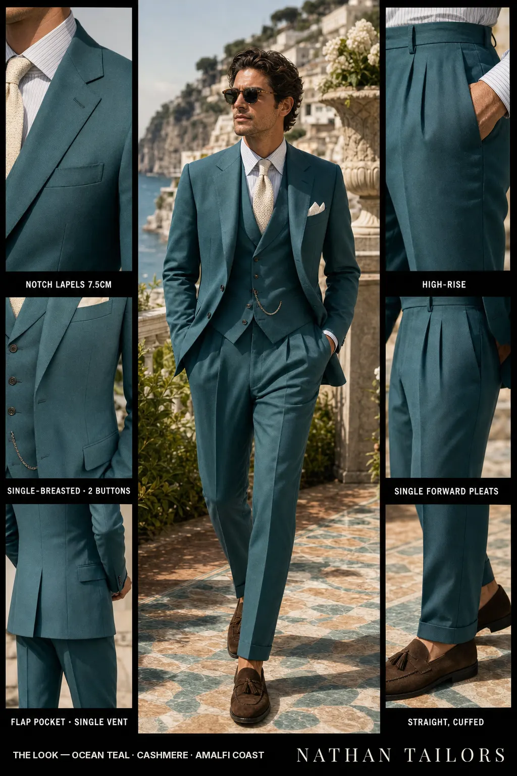 ocean teal single-breasted notch-lapel bespoke suit — AI-rendered by Nathan Tailors, the Hoi An custom tailor. Available as a custom tailored suit from $149.