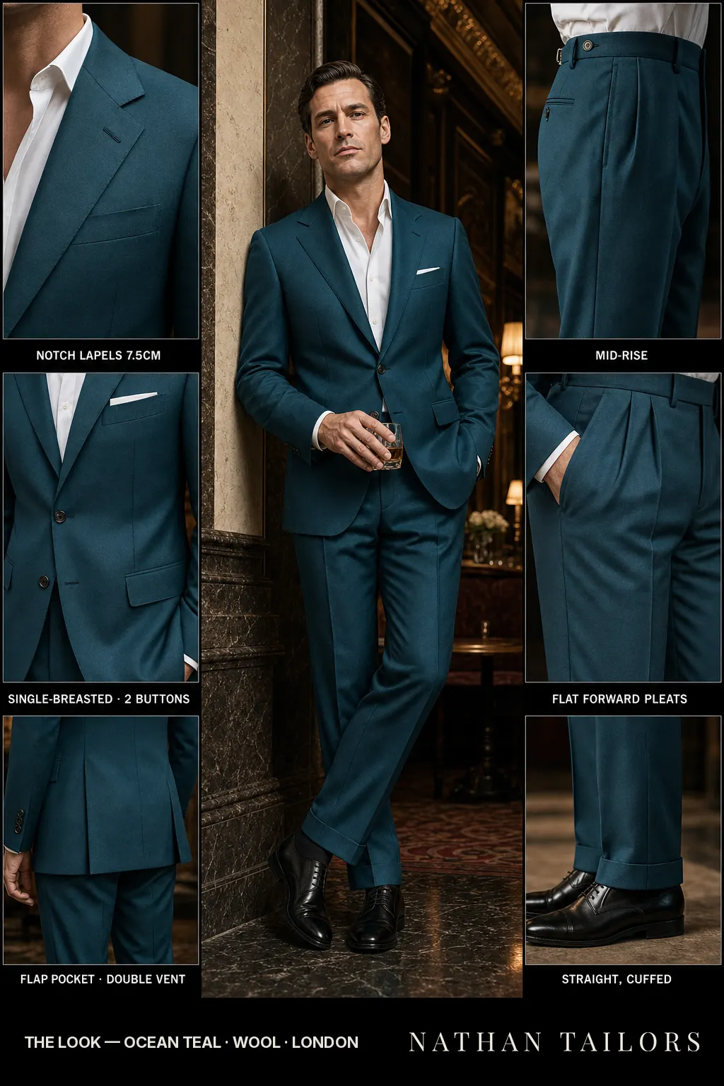 ocean teal single-breasted notch-lapel bespoke suit — AI-rendered by Nathan Tailors, the Hoi An custom tailor. Available as a custom tailored suit from $149.