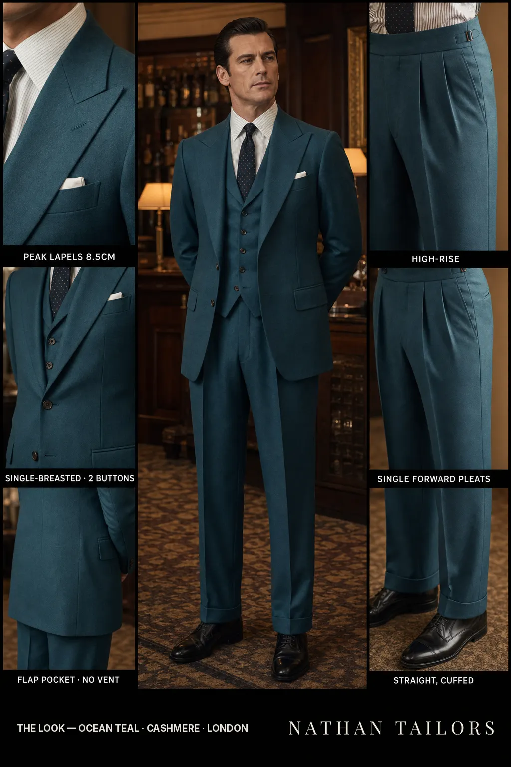 ocean teal single-breasted peak-lapel bespoke suit โ AI-rendered by Nathan Tailors, the Hoi An custom tailor. Available as a custom tailored suit from $149.
