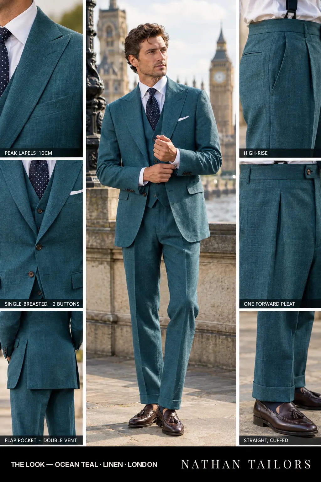 ocean teal single-breasted bespoke suit — custom tailored by Nathan Tailors, the Hoi An custom tailor