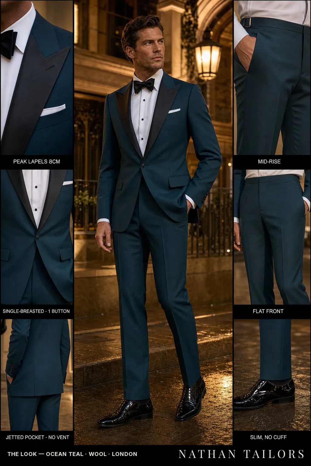 ocean teal single-breasted peak-lapel bespoke suit โ AI-rendered by Nathan Tailors, the Hoi An custom tailor. Available as a custom tailored suit from $149.