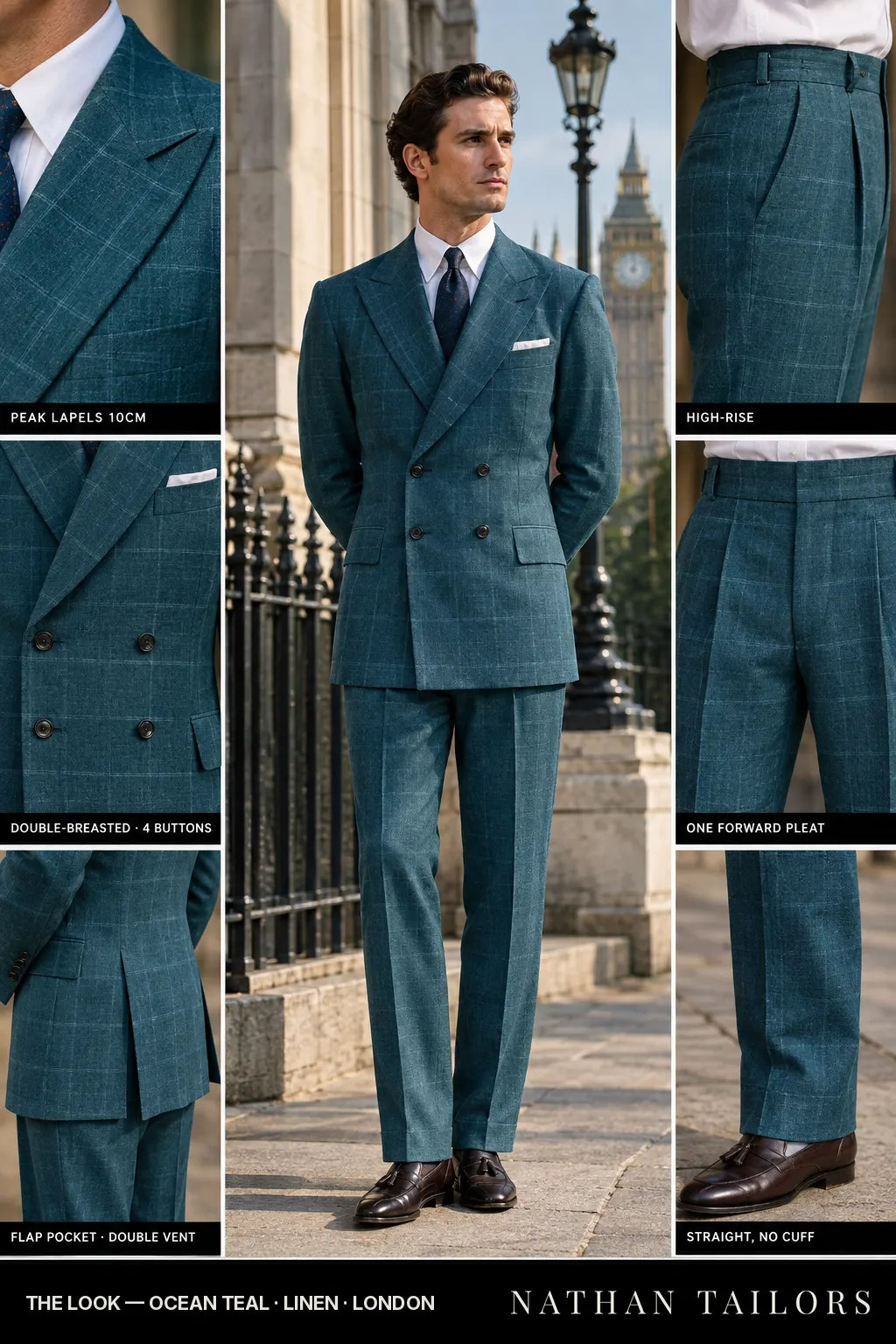 ocean teal windowpane double-breasted bespoke suit โ custom tailored by Nathan Tailors, the Hoi An custom tailor