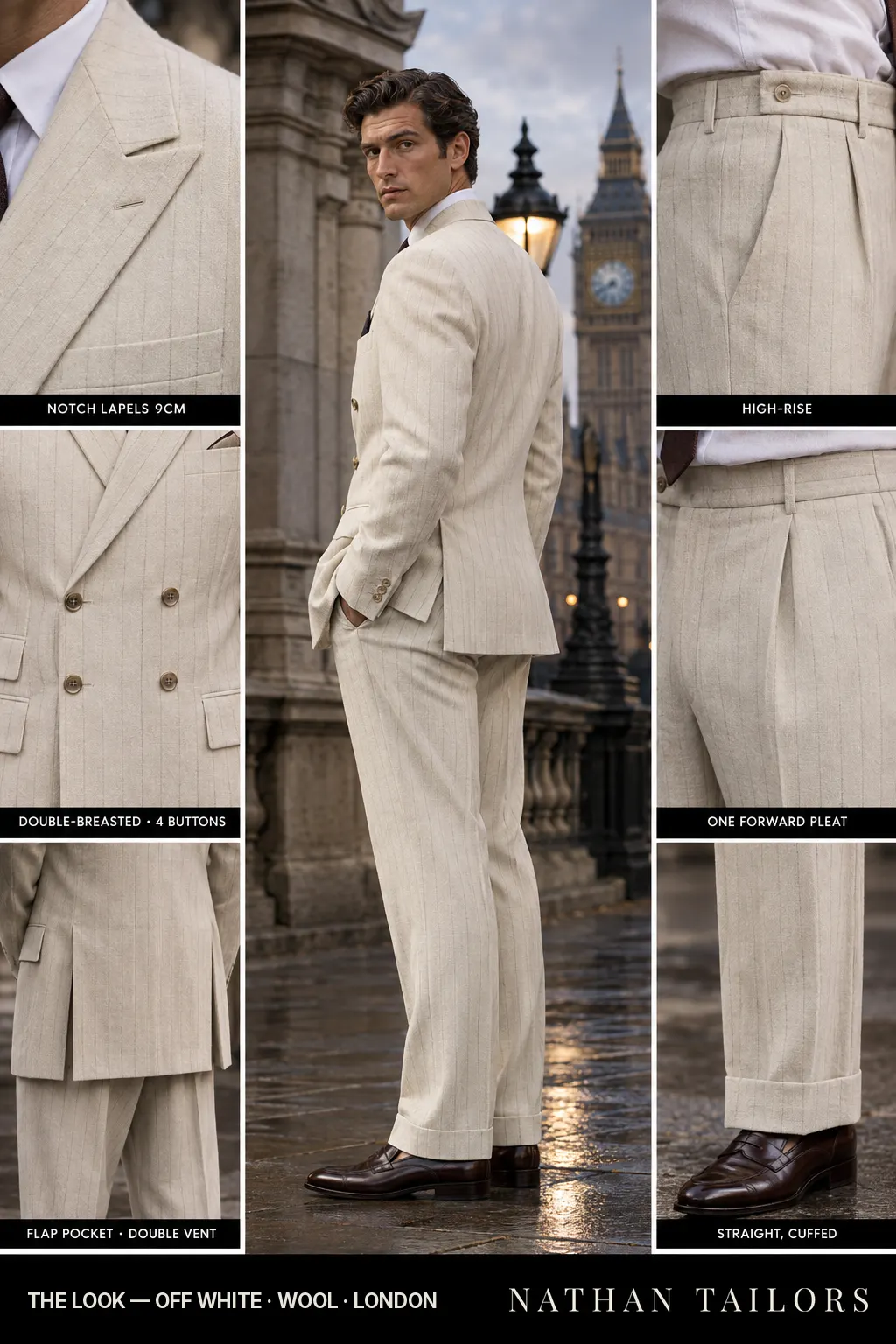 off white chalk_stripe double-breasted bespoke suit — custom tailored by Nathan Tailors, the Hoi An custom tailor
