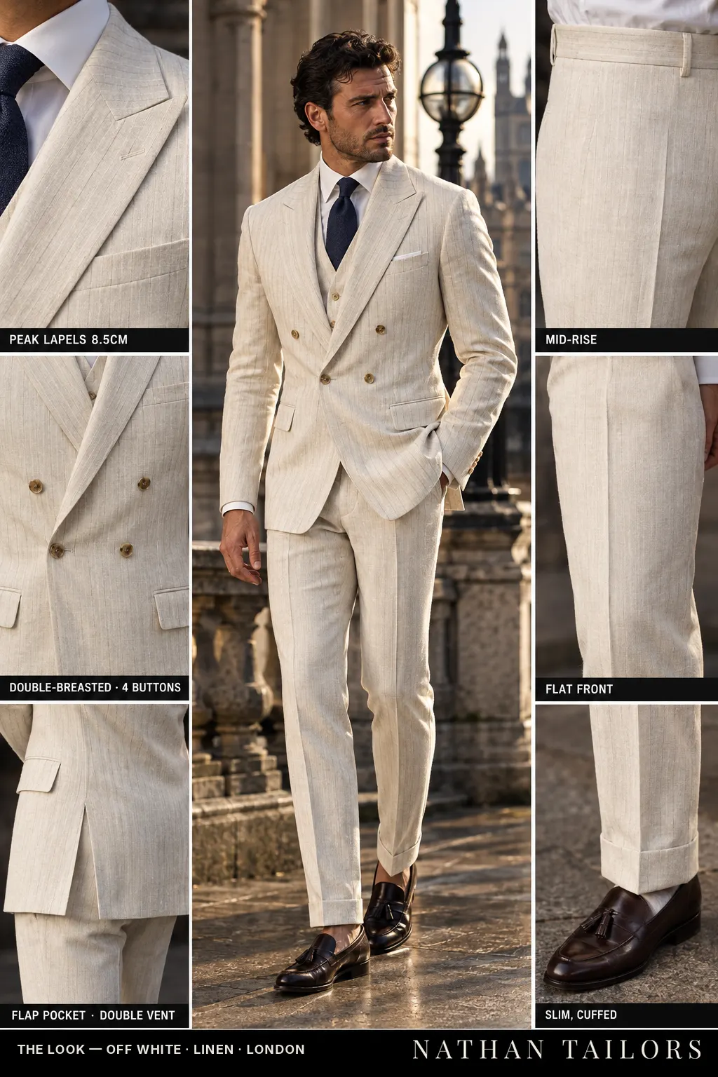 off white pinstripe double-breasted bespoke suit — custom tailored by Nathan Tailors, the Hoi An custom tailor