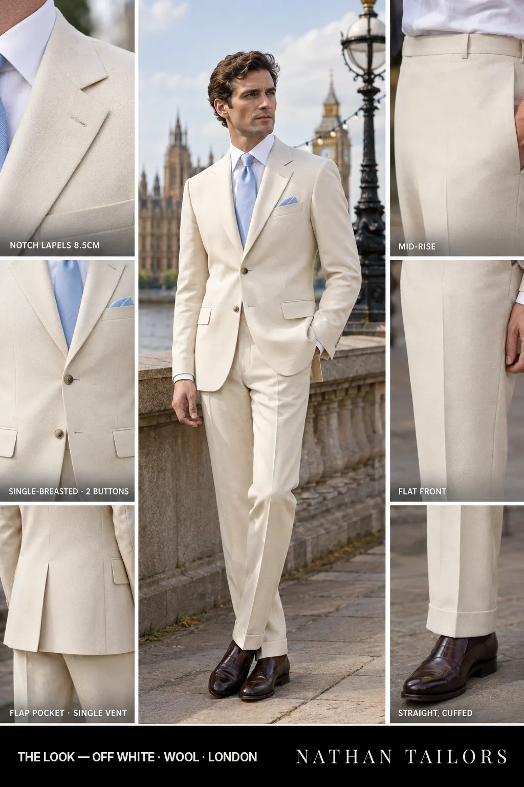 off white single-breasted bespoke suit โ custom tailored by Nathan Tailors, the Hoi An custom tailor