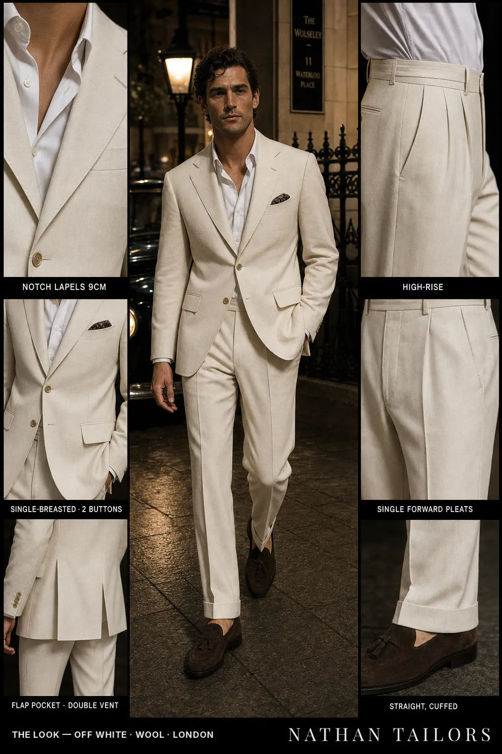 off white single-breasted notch-lapel bespoke suit — AI-rendered by Nathan Tailors, the Hoi An custom tailor. Available as a custom tailored suit from $149.