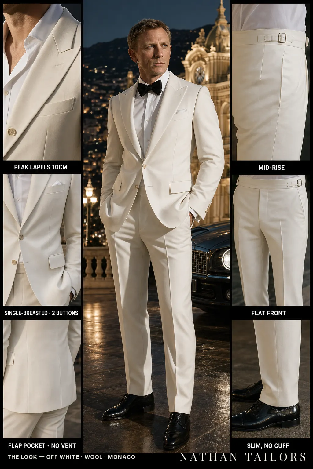 off white single-breasted peak-lapel bespoke suit — AI-rendered by Nathan Tailors, the Hoi An custom tailor. Available as a custom tailored suit from $149.