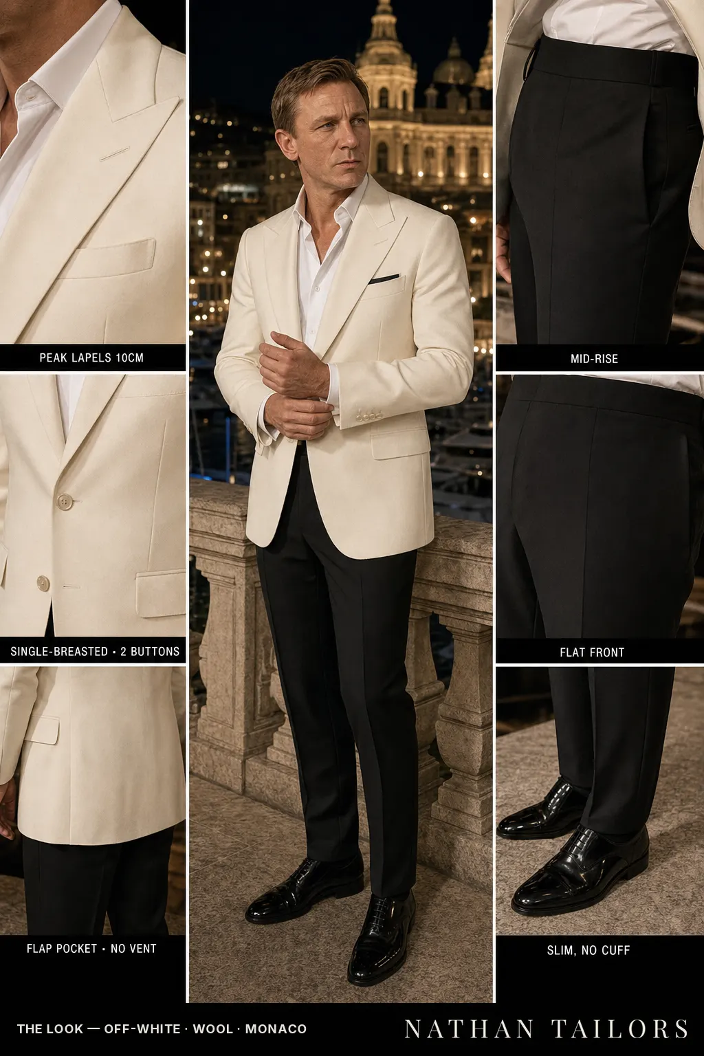 off-white single-breasted peak-lapel bespoke suit — AI-rendered by Nathan Tailors, the Hoi An custom tailor. Available as a custom tailored suit from $149.